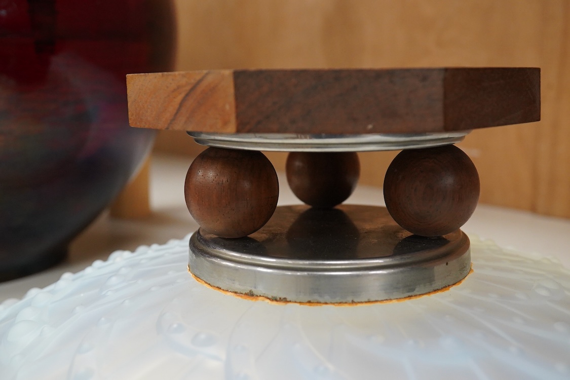 J Landier, a French Art Deco opalescent glass bowl on wooden pedestal base, 35cm in diameter